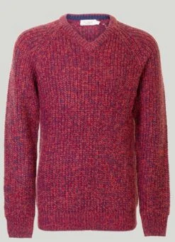 Red V Neck Fisherman Rib Jumper