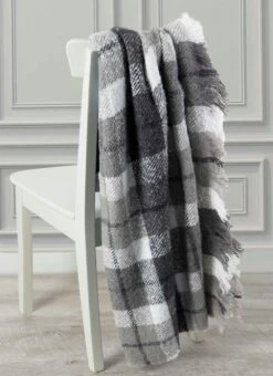 Grey Boucle Check Throw