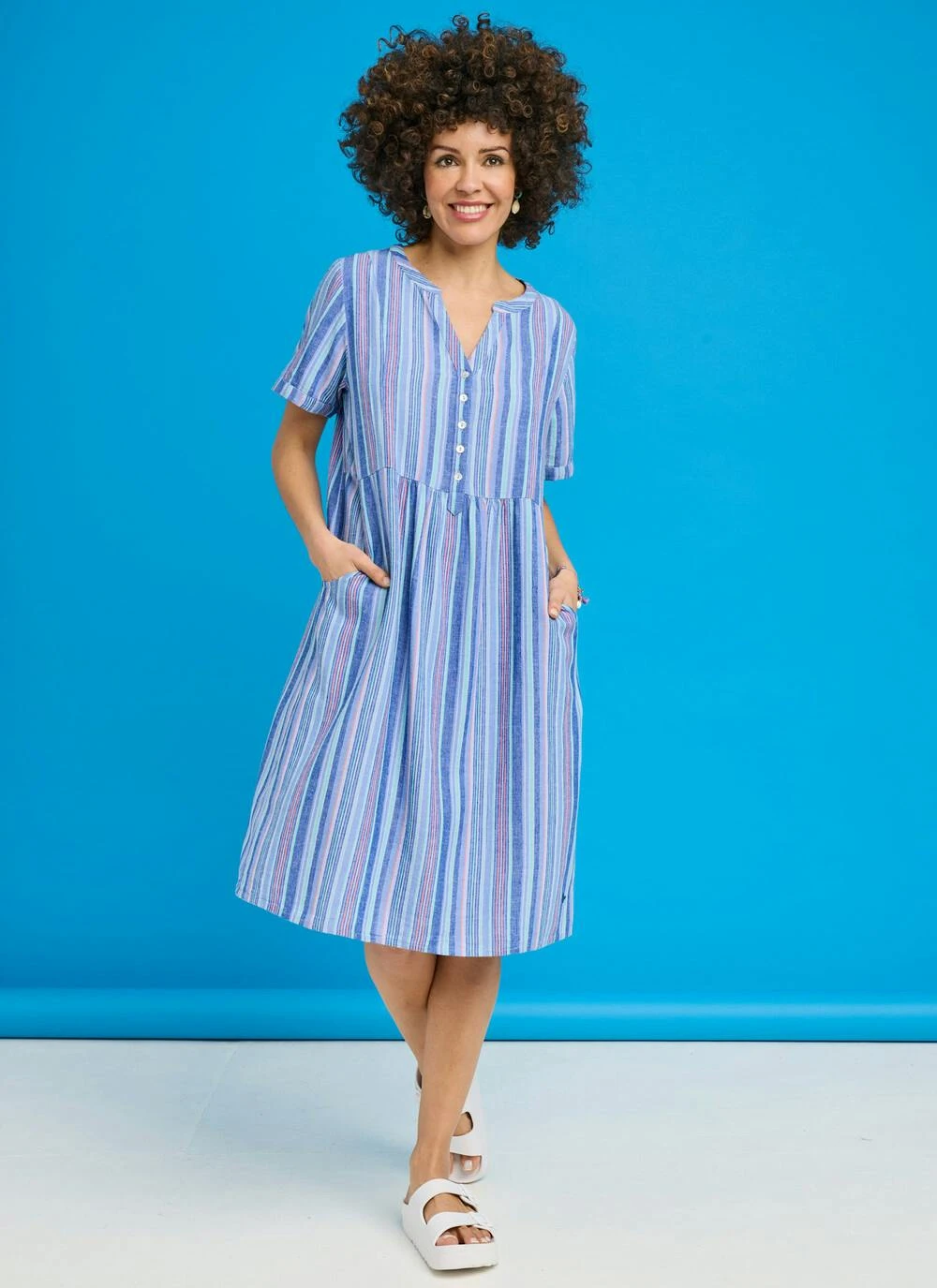 Linen Blend Striped Midi Dress 1 Linen Blend Striped Midi Dress