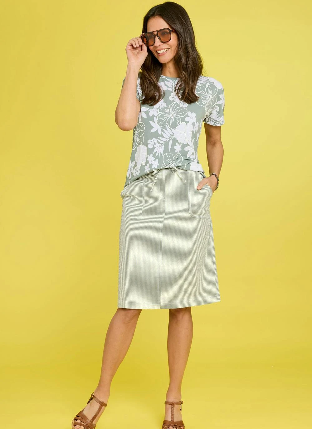 Cotton Blend Seersucker Stripe Midi Skirt 1 Cotton Blend Seersucker Stripe Midi Skirt