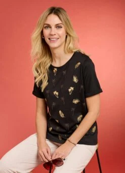 Linen Blend All Over Embellished Palm Tree T-Shirt