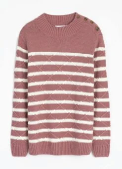 Lattice Stitch Striped Turtle Neck Jumper