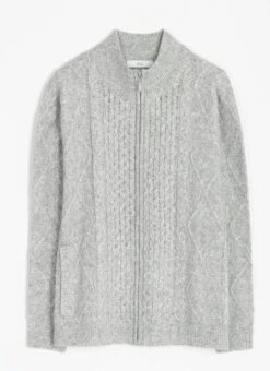 Wool Blend Cable Funnel Neck Cardigan