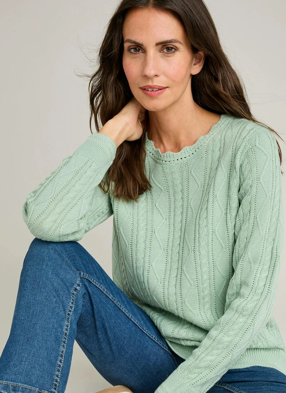 Cable Knit Scallop Edge Crew Neck Jumper 2 Cable Knit Scallop Edge Crew Neck Jumper - Image 2
