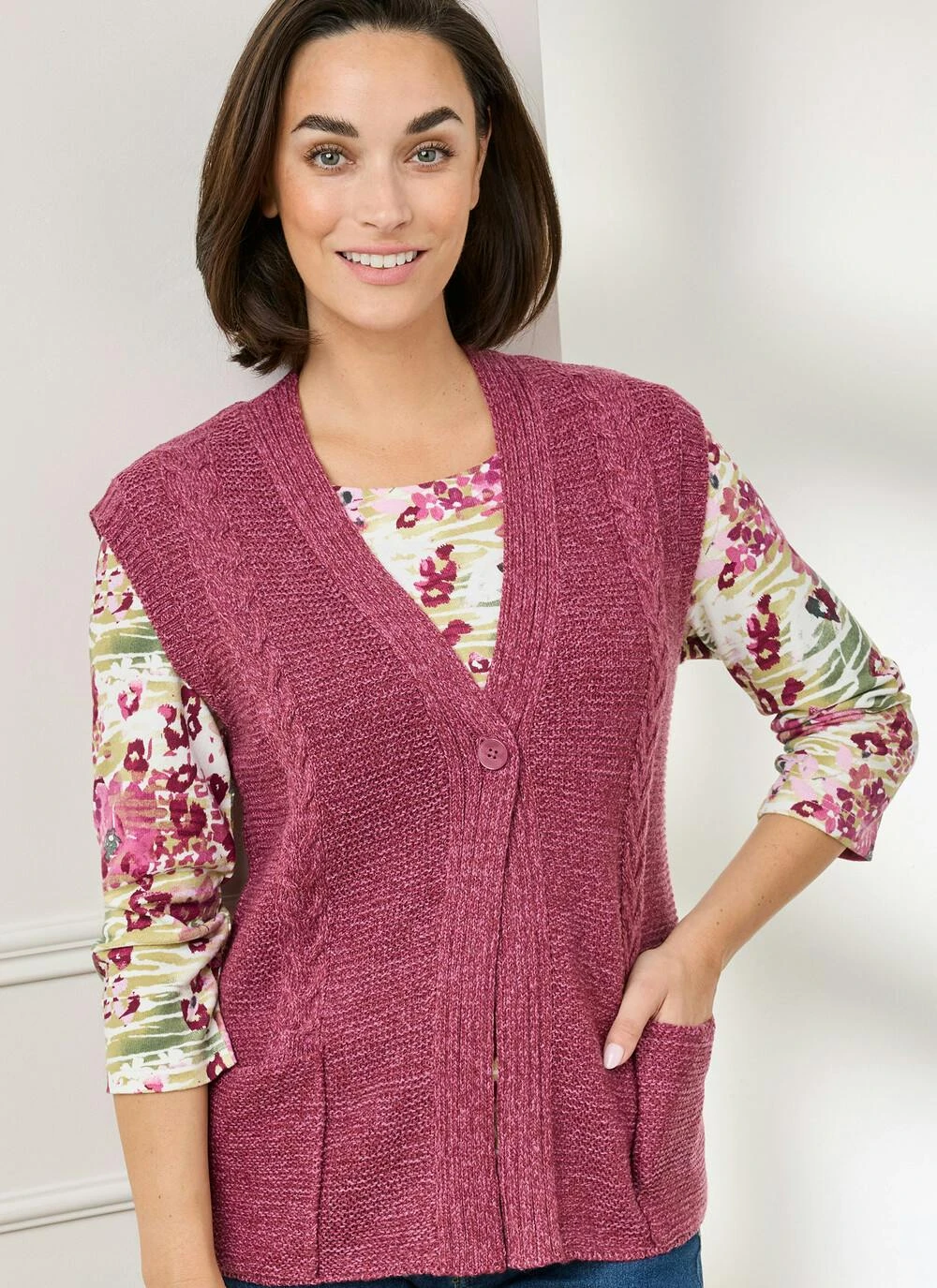 Single Cable Knit V- Neck Waistcoat 2 Single Cable Knit V- Neck Waistcoat - Image 2
