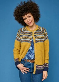 Wool Blend Yoke Fairisle Crew Neck Cardigan