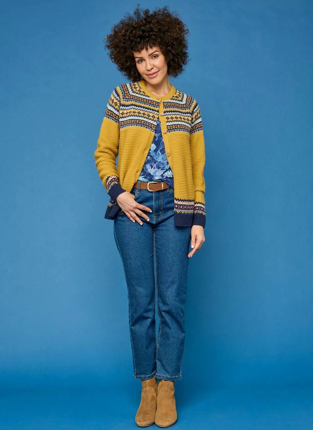 Wool Blend Yoke Fairisle Crew Neck Cardigan 2 Wool Blend Yoke Fairisle Crew Neck Cardigan - Image 2