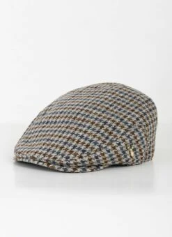 Wool Blend Tweed Flat Cap - Hounds Tooth Check