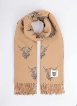 Highland Cow Super Soft Scarf - Camel/Grey