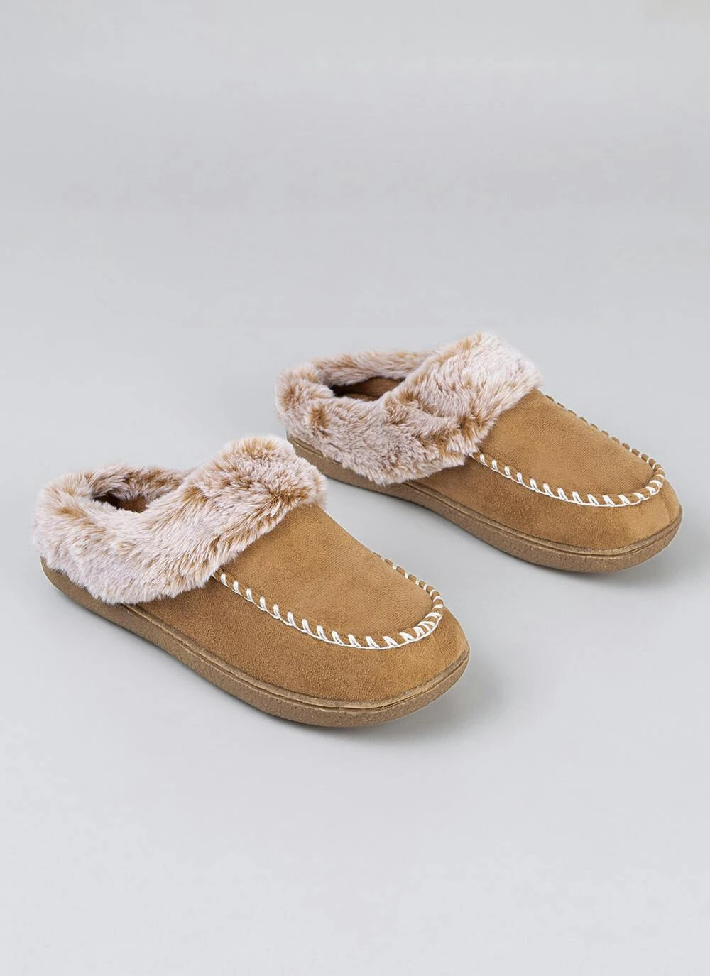 Comfy Faux Fur Lined Whip Stich Detail Mule Slippers 1 Comfy Faux Fur Lined Whip Stich Detail Mule Slippers