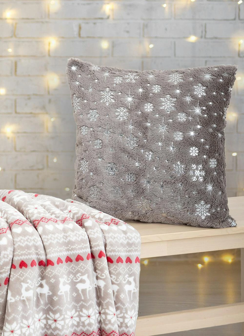 Snowflake Foil Print Fleece Grey Cushion 1 Snowflake Foil Print Fleece Grey Cushion