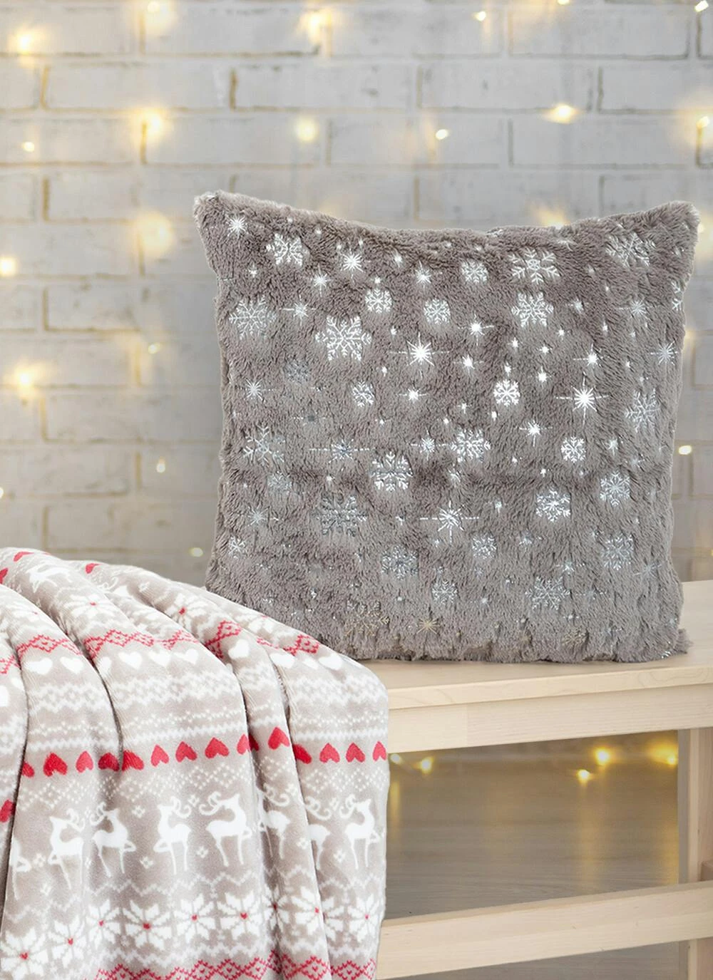 Snowflake Foil Print Fleece Grey Cushion 2 Snowflake Foil Print Fleece Grey Cushion - Image 2