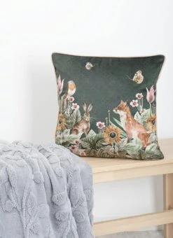 Woodland Animals Print Velvet Green Cushion
