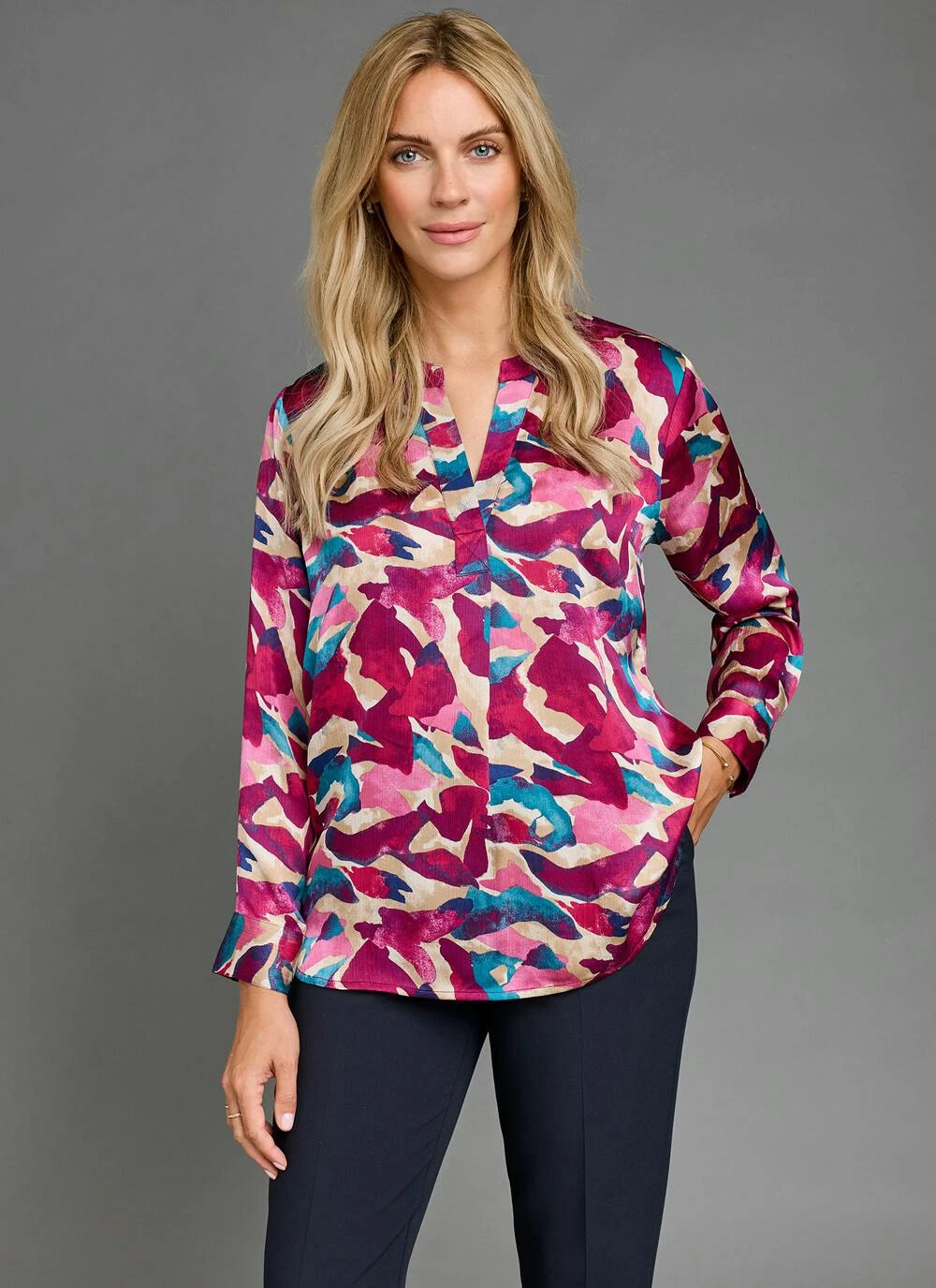 Satin Printed Pop Over Blouse 1 Satin Printed Pop Over Blouse